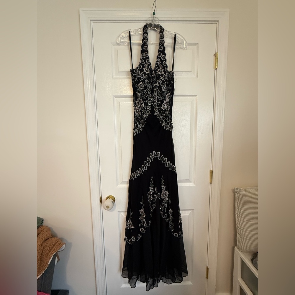 Black Sequin Embellished Halter Prom Gown